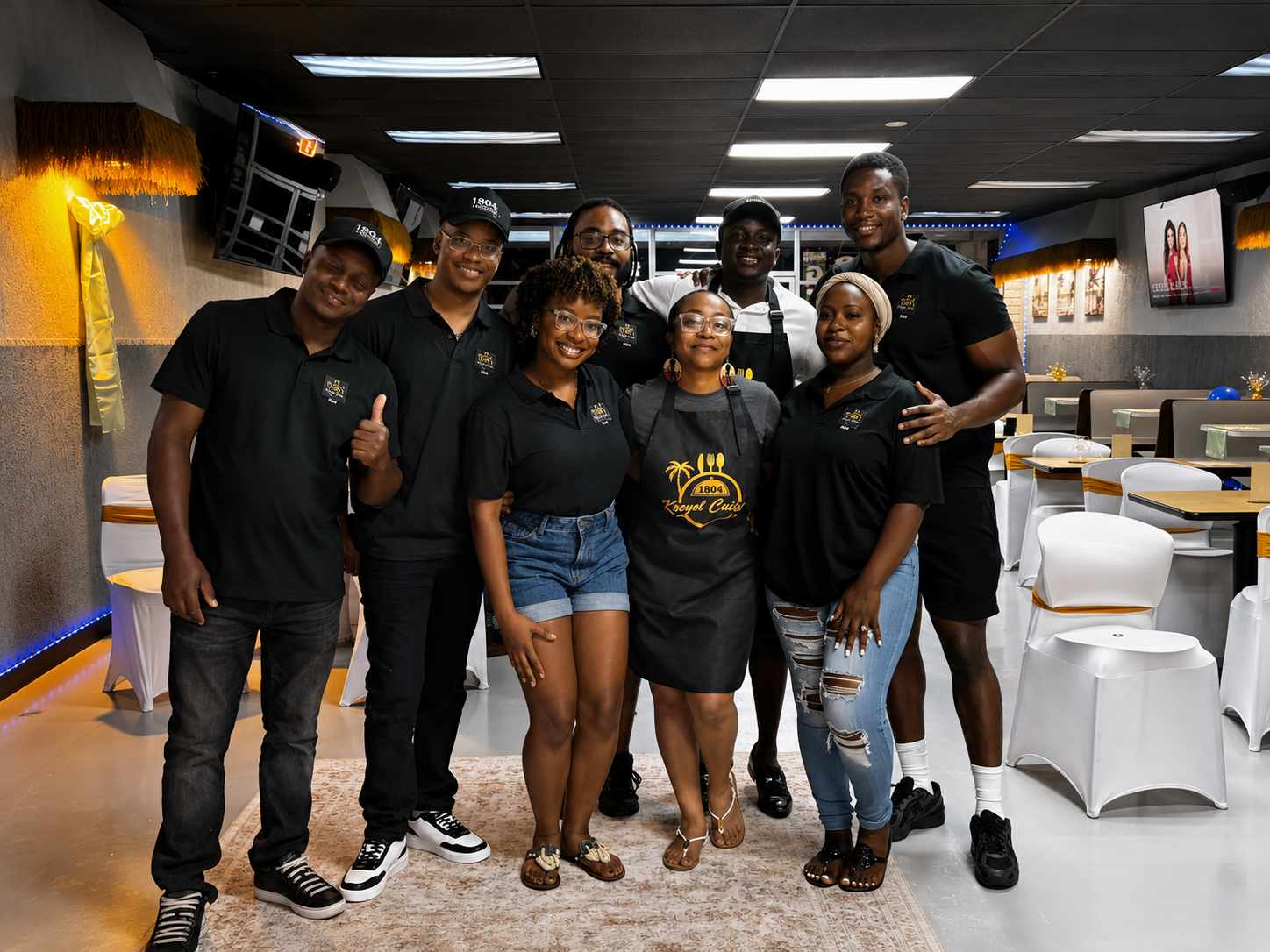 The 1804 Kreyol Cuisine team smiling together in the dining room